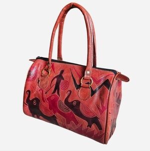 Handcrafted Red Elephant Leather Satchel - Boho Statement Bag
